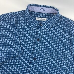 Tommy Bahama Shirt Men Large Blue 100% Silk Geometric Short Sleeve Tropical Camp